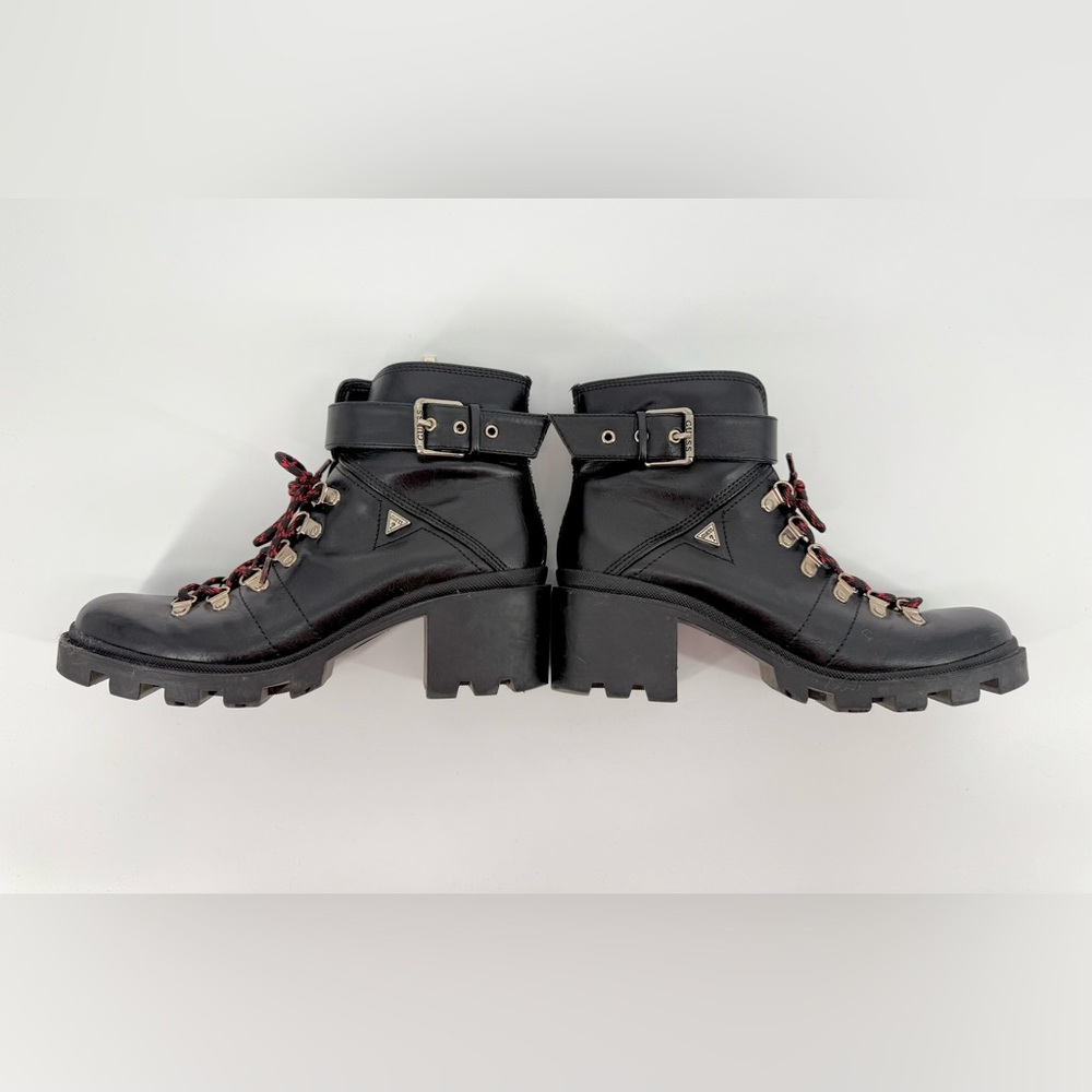 Guess Black Leather Combat Boots with Red Accents - Picture 6 of 9